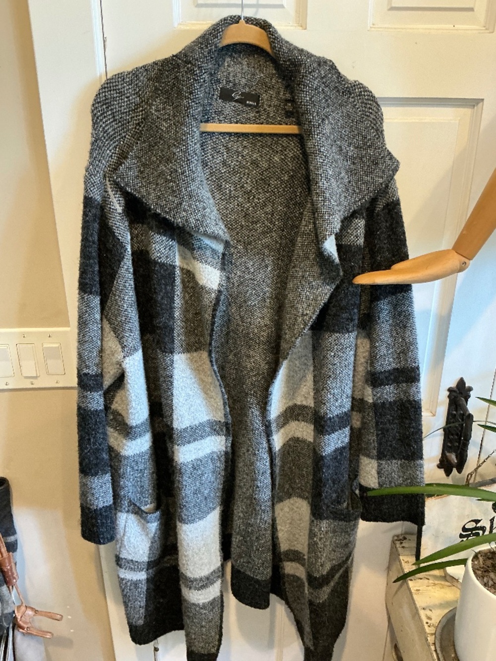 Oversized sweater coat in black checked and stripes!  Plus size 3x